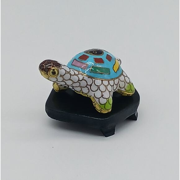 Unbranded Other - Cloisonne Enamel Colorful Turtle With Wooden Stand Figural Figurine Miniature